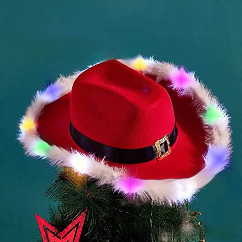 Sombrero de vaquero rojo navideño con luces Sombrero de vaquero rojo occidental Sombrero de Papá Noel con borde de piel y luces_voghion.com