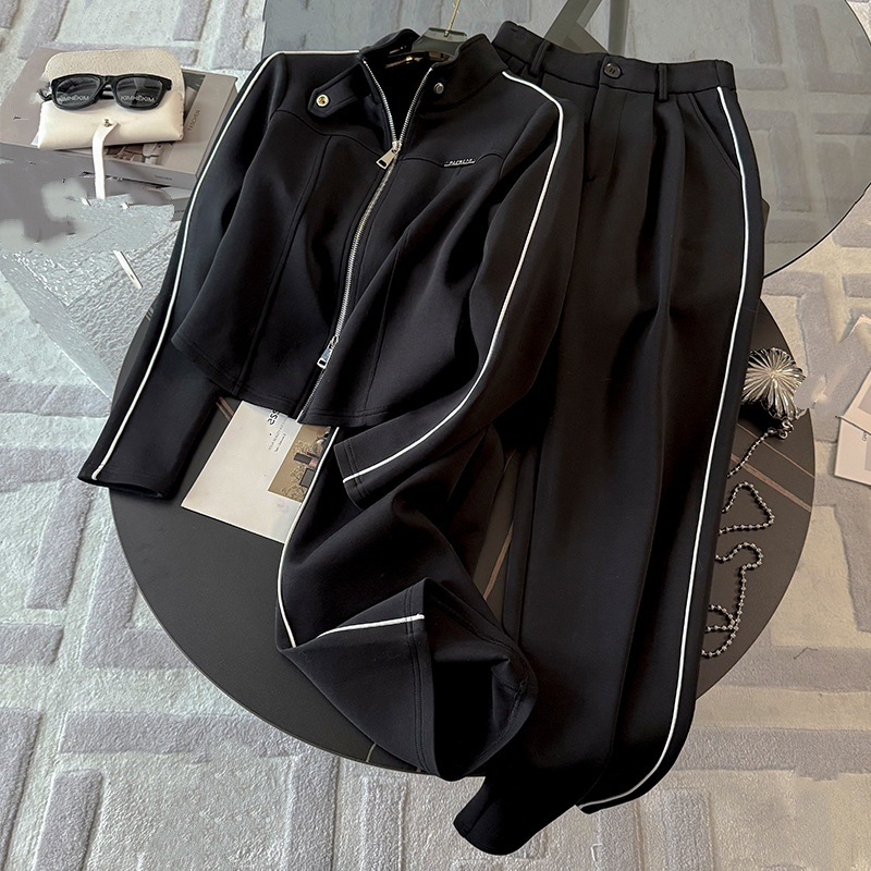 "Korean Style Women's Fashion Set Spring Zip-Up Stand Collar Top & Wide-Leg Pants 3D Print Two-Piece Outfit"_voghion.com
