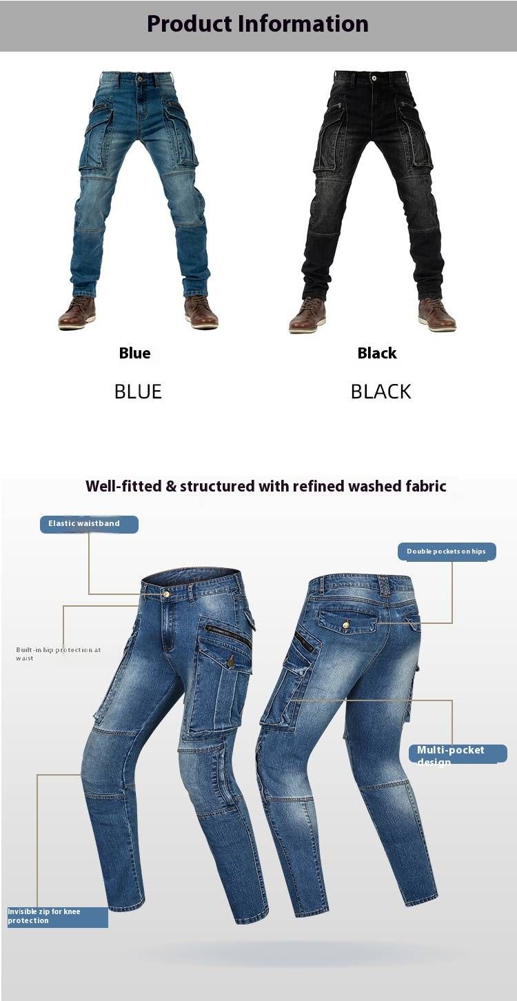 Jeans da motociclista da uomo - Pantaloni in denim elasticizzato con protezione per le ginocchia e tasche multiple per uso casual e racing (blu, nero, dalla S alla XXXL)_voghion.com