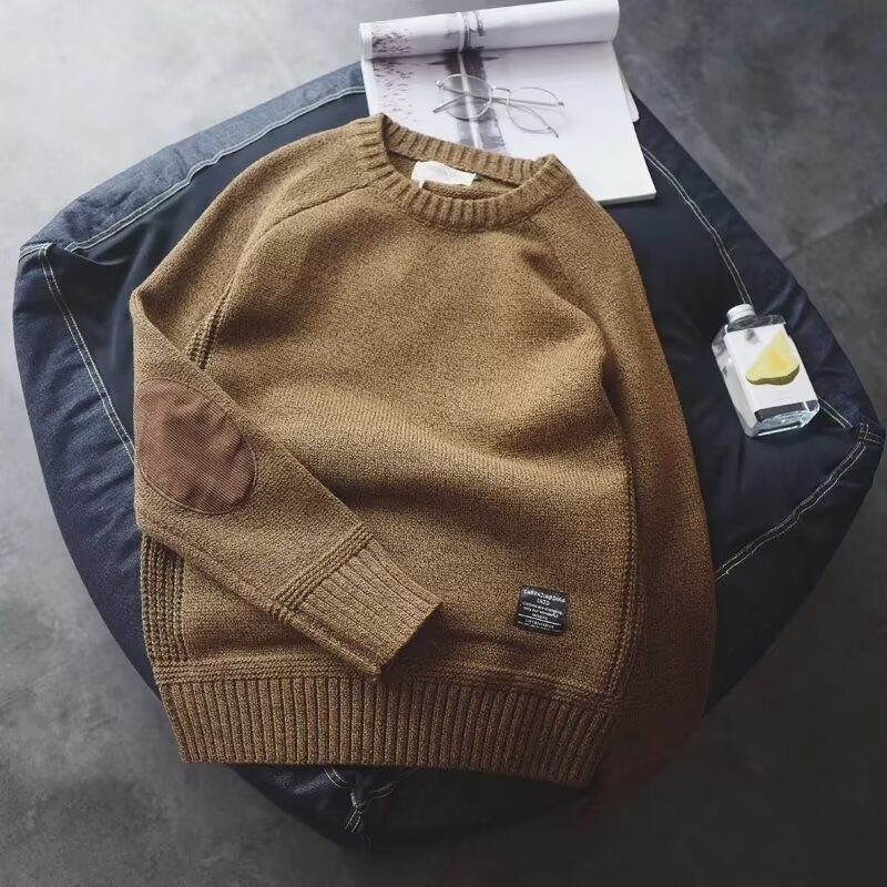 Oversized Retro Knit Sweater For Men - Straight Cut Pullover With Crewneck, Machine Washable Polyester Blend For Casual Wear_voghion.com