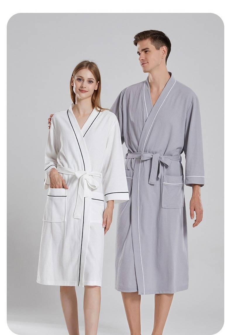 Bata de baño ultrasuave con tejido gofrado para mujer y hombre: bata de spa ligera de manga larga, de secado rápido, cómoda y para estar en casa._voghion.com