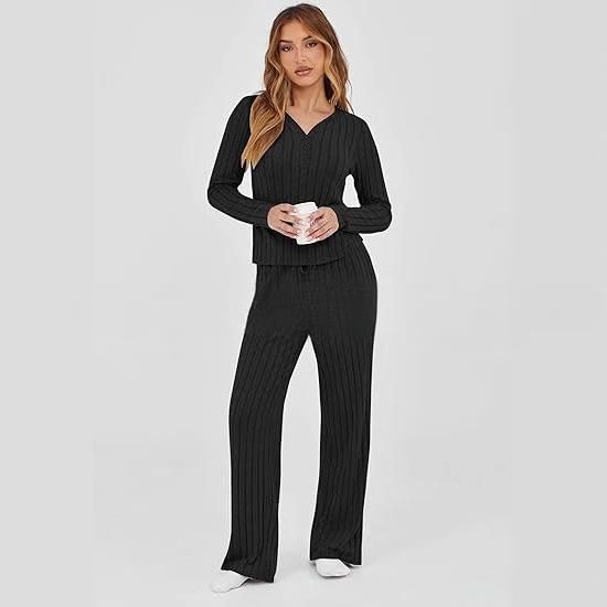 Ensemble de survêtement décontracté en tricot pour femme, haut à manches longues et pantalon ample, tenue deux pièces pour l'automne et l'hiver_voghion.com