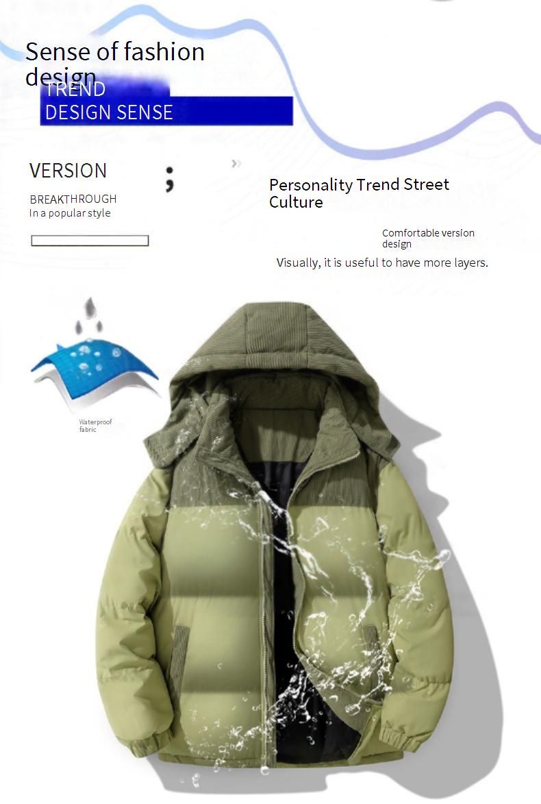 Unisex Color-Block Corduroy Puffer Jacket – Stand Collar Hooded Winter Coat (XS-2XL, Black/Khaki/Green)_voghion.com