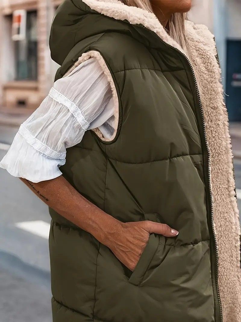 Giacca in pile con cappuccio reversibile da donna - Cappotto streetwear slim fit con cerniera frontale, capospalla di media lunghezza per l'autunno (nero, verde militare, caffè)_voghion.com
