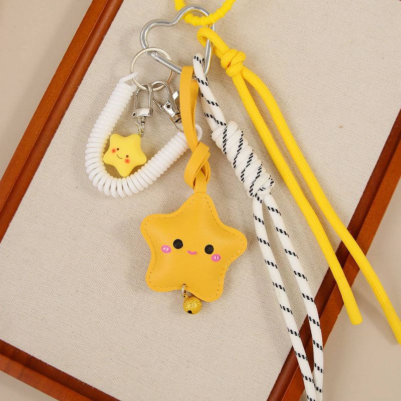 Happy Smiley Star Keychain - PU Leather 3D Pendant With Braided Rope For Bags, Backpacks & Keys (Yellow)_voghion.com