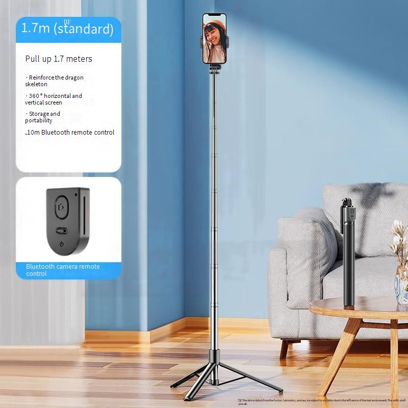 Perche à selfie trépied en alliage d'acier de 1,7 m avec système anti-tremblement, télécommande Bluetooth, hauteur réglable et anneau lumineux pour vlogging, YouTube et TikTok_voghion.com