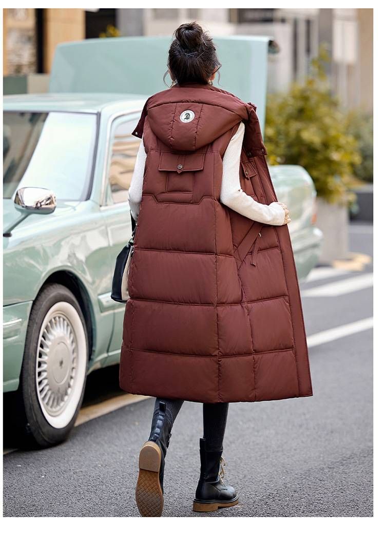 Women's Long Puffer Vest With Hood - Oversized Knee-Length Quilted Coat, Zip-Front Casual Layering Piece For Winter_voghion.com