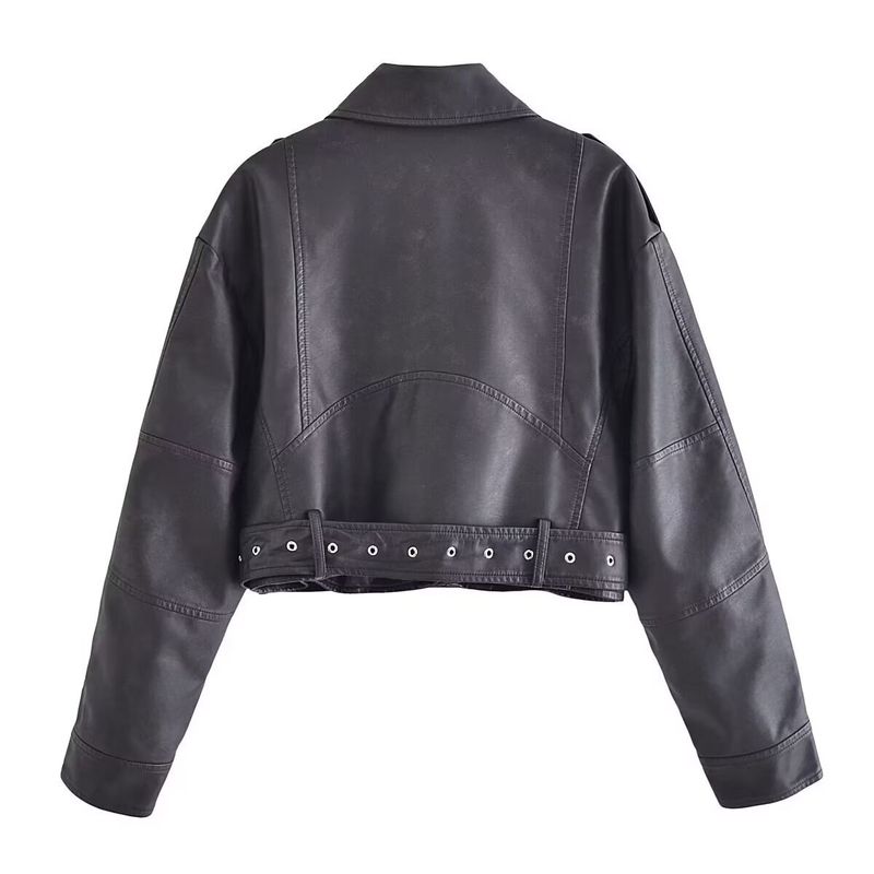 Damen-Bikerjacke aus Kunstleder – Slim Fit Kurzmantel mit Gürtel, V-Ausschnitt, langen Ärmeln (Weiß, Schwarz, Grau, Armeegrün, Dunkelbraun)_voghion.com