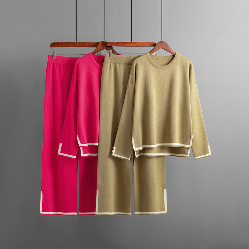 Abbigliamento donna autunno e inverno nuovo stile temperamento contrasto colore fessura abito lavorato a maglia a maniche lunghe vita alta pantaloni larghi a gamba larga set due pezzi_voghion.com
