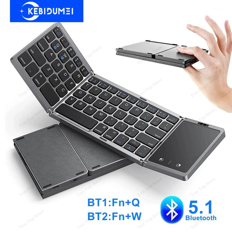Dual Bluetooth 5.1 3-Folding Mini Rechargeable Foldable Keyboard With Touchpad For Windows Android IOS IPad_voghion.com