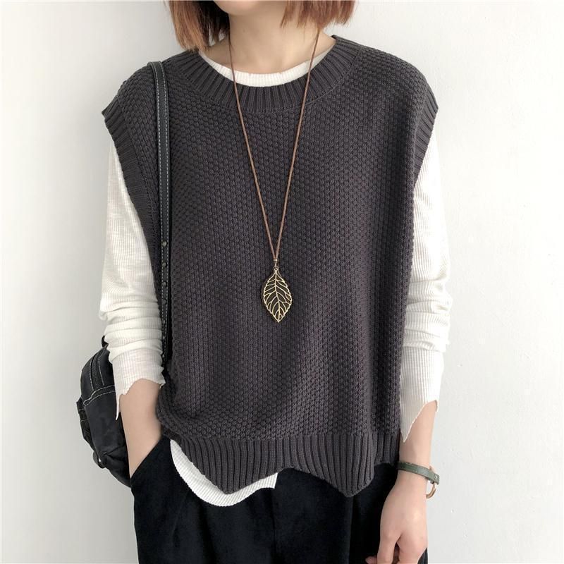 K Women's Knitted Vest; Pure Color, Loose, Round Neck, Irregular Pullover Short Cardigan._voghion.com