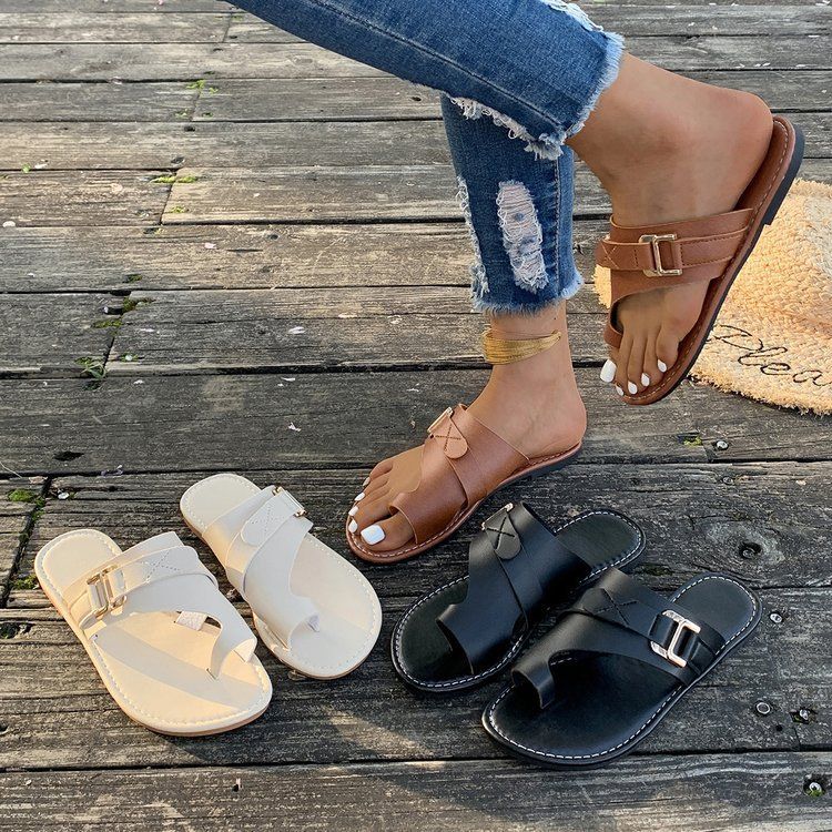 Sandálias femininas plus size com argola para os dedos, verão 2024, sandálias rasas para atividades ao ar livre_voghion.com