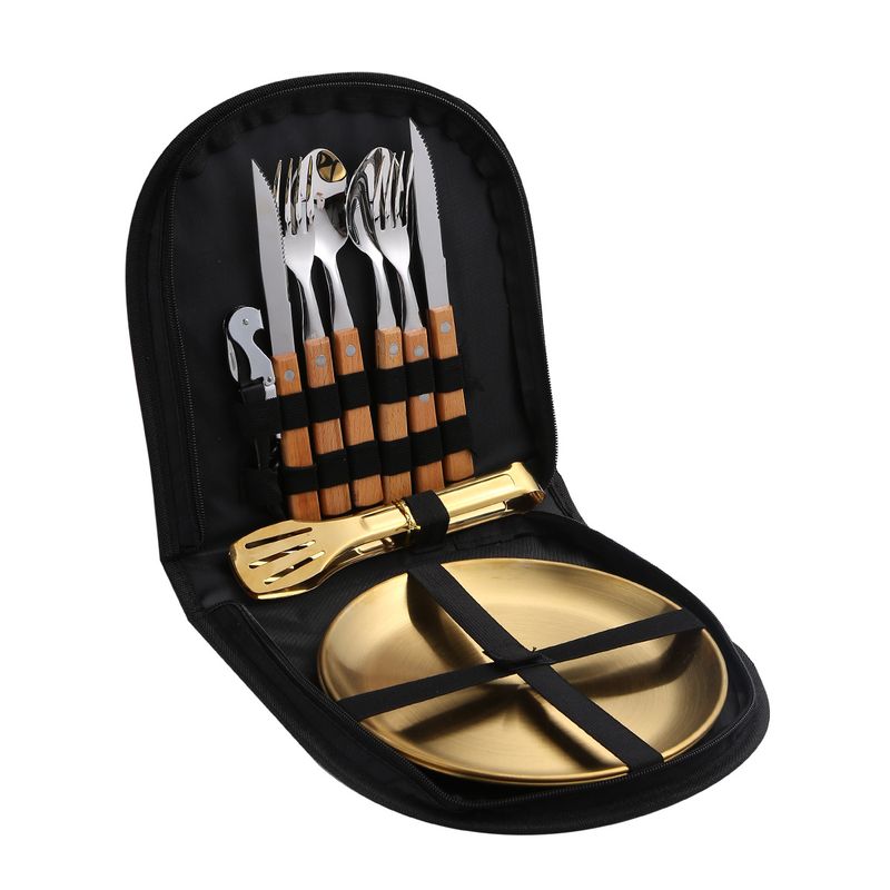 Edelstahl-Besteckset für den Außenbereich, tragbar, Western-Messer, Gabel und Löffel, Bestecktasche mit Holzgriff_voghion.com