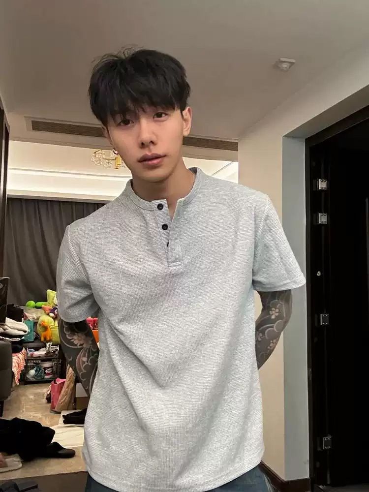 T-shirt a maniche corte con scollo a V da uomo - Polo estiva in maglia a nido d'ape, vestibilità comoda, colore grigio chiaro - Abbigliamento casual da strada per adolescenti e giovani adulti_voghion.com