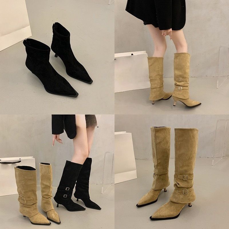 2025 Autumn Winter New Korean Style Pointed Toe Chunky Heel Short For Women Slim Elastic Sock Versatile Flat Fashion_voghion.com