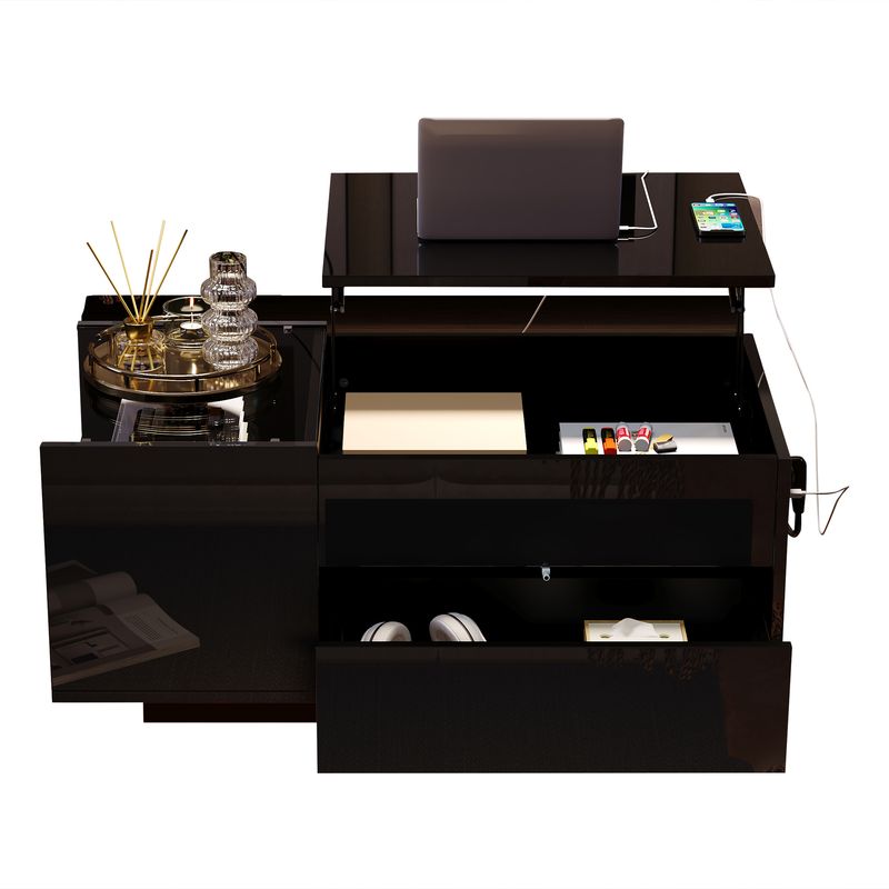 Table basse réglable en hauteur 95 x 48 x 42 cm avec rangement dissimulé, éclairage LED, tiroir et prise de courant - Table d'appoint de salon noire_voghion.com