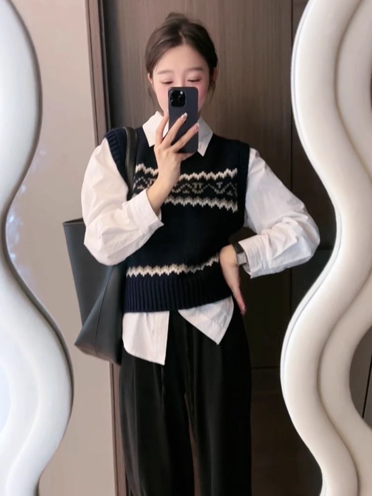 Striped sweater, vest, women's autumn outerwear, layered design, versatile, loose and age reducing knitted top_voghion.com