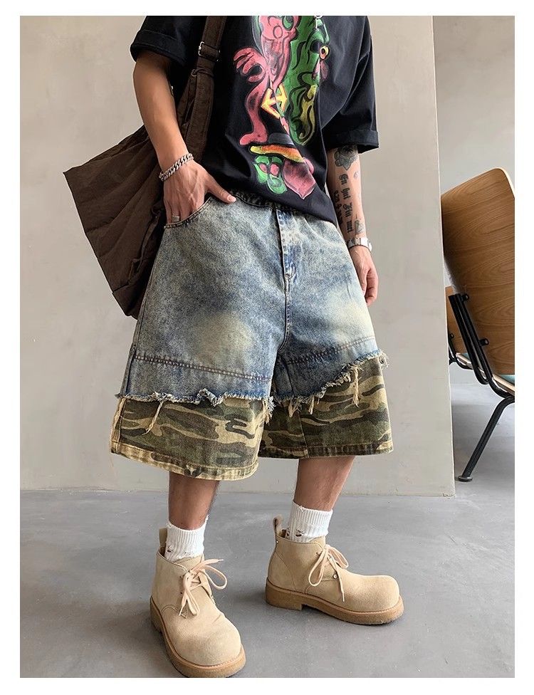 Pantaloncini in denim strappati da uomo, stile retrò, larghi e versatili, da strada_voghion.com