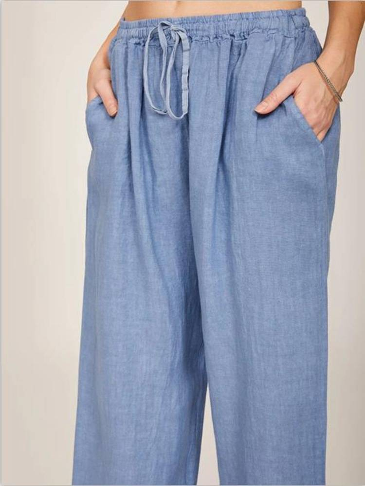 Women's Cotton Linen Pants Casual Loose Solid Elastic Waist Pocket Straight Trousers Ladies Oversize Wide Leg Pant Streetwear_voghion.com