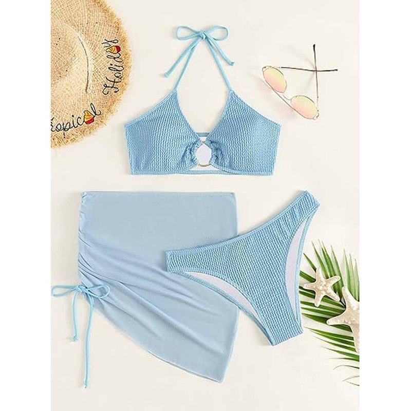 Maillot de bain 3 pièces pour femme avec anneau de cou et jupe cache-maillot_voghion.com
