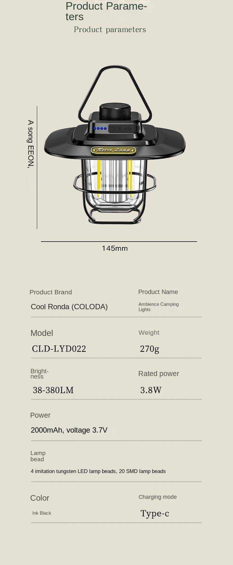 Coloda Vintage Ambient Camping Light -resistant Type C Rechargeable Camping CLD-LYD022High-level Black_voghion.com