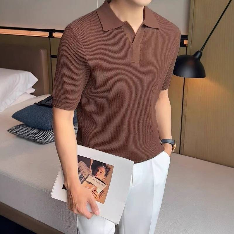 Men's Clothing Summer Short Sleeved Breathable Solid Color Knitted T Shirt High End Slim Fit Lapel Casual T Shirt_voghion.com