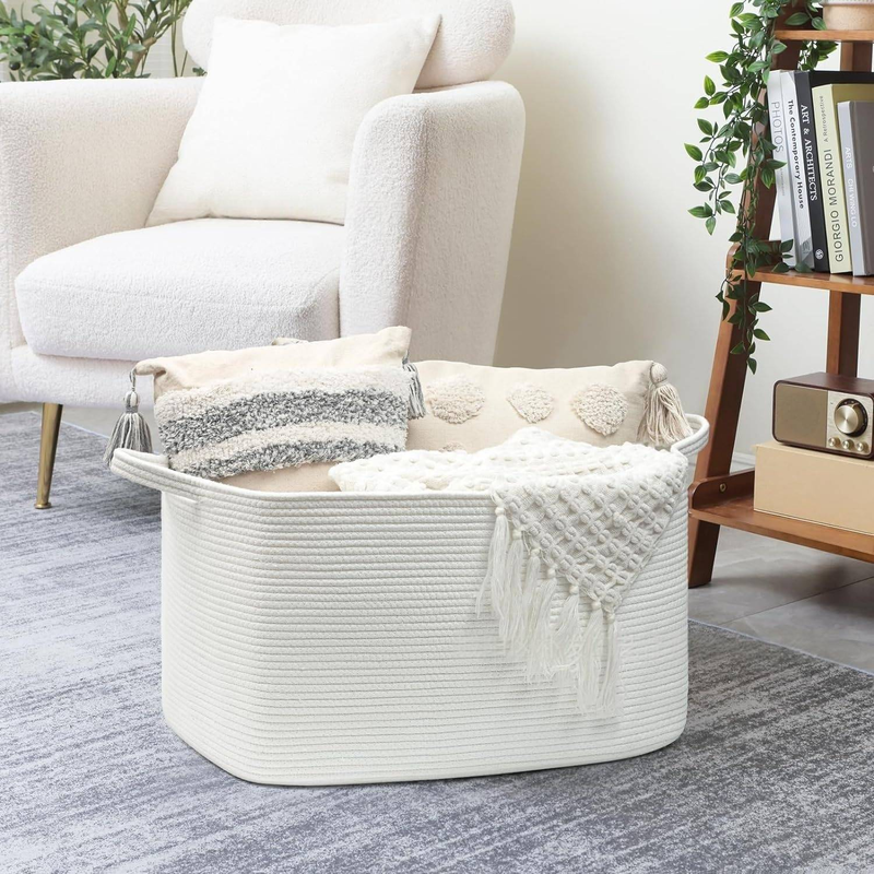 Cesta de almacenamiento de cuerda de algodón tejida a mano: organizador multiusos para ropa, juguetes y artículos del hogar._voghion.com