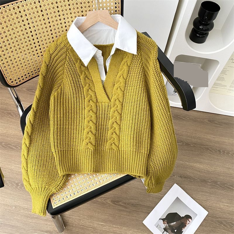 Pull en tricot synthétique deux pièces pour femme - Haut à col polo rétro japonais avec motif torsadé pour l'automne et l'hiver_voghion.com
