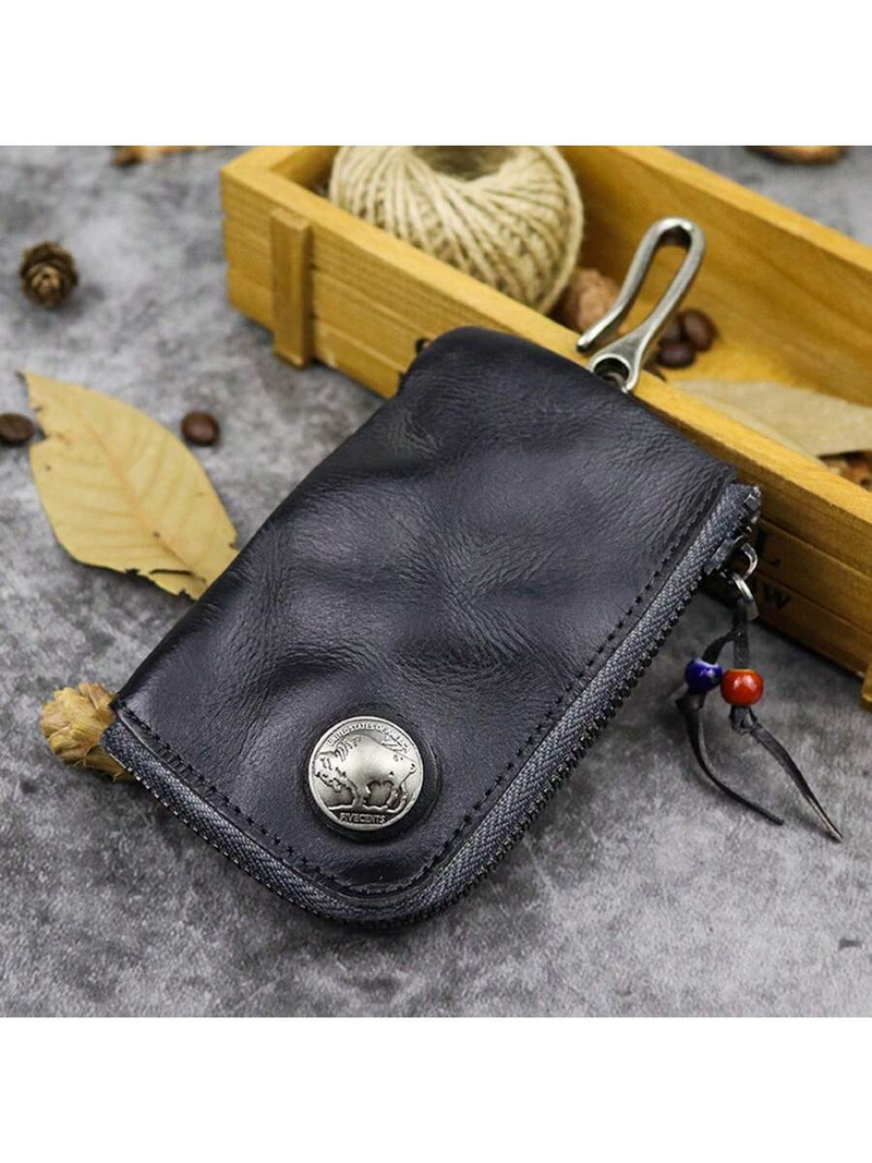 Borsa portachiavi in pelle conciata al vegetale di primo strato, realizzata a mano, in pelle di mucca lavata ad acqua vintage, in stile retrò, con cerniera_voghion.com