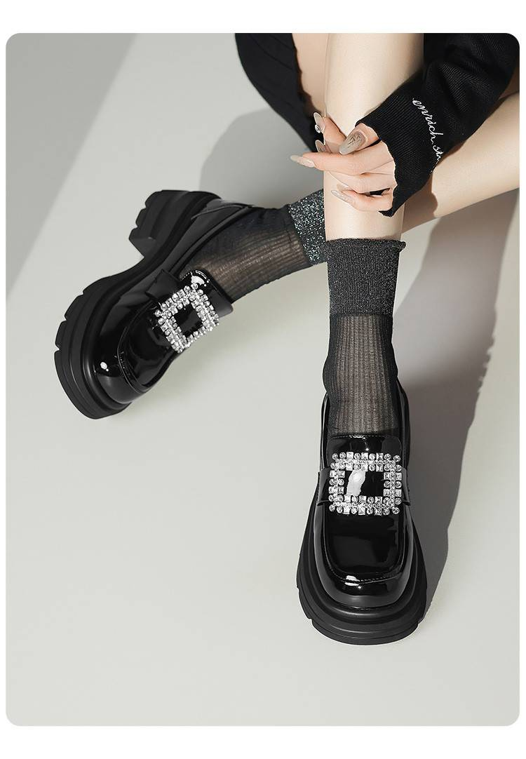 Cameido Women's Black Patent Synthetic Leather Loafers With Round Toe & 7CM PU Sole_voghion.com