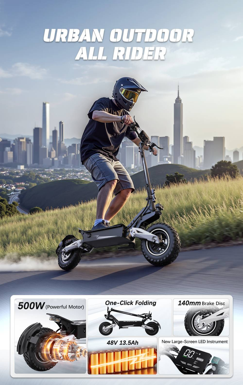 Monopattino elettrico OOTD T10 da 11" per tutti i terreni, motore da 500 W, batteria da 48 V e 13,5 Ah_voghion.com