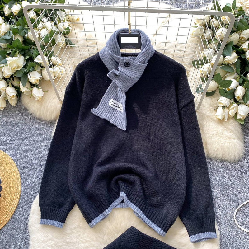 Ensemble pull-over d'automne en tricot pour femme avec écharpe - Haut ample et jupe crayon ajustée - Tenue décontractée élégante (rouge, bleu marine, taille unique)_voghion.com