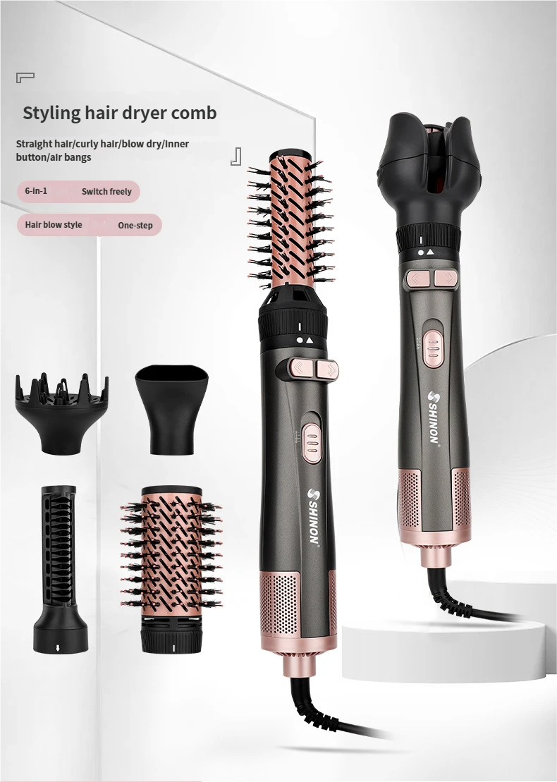 Pettine ad aria calda rotante automatico multifunzionale 6 in 1, ferro arricciacapelli due in uno a onde grandi, pettine lisciante e pettine asciugacapelli_voghion.com