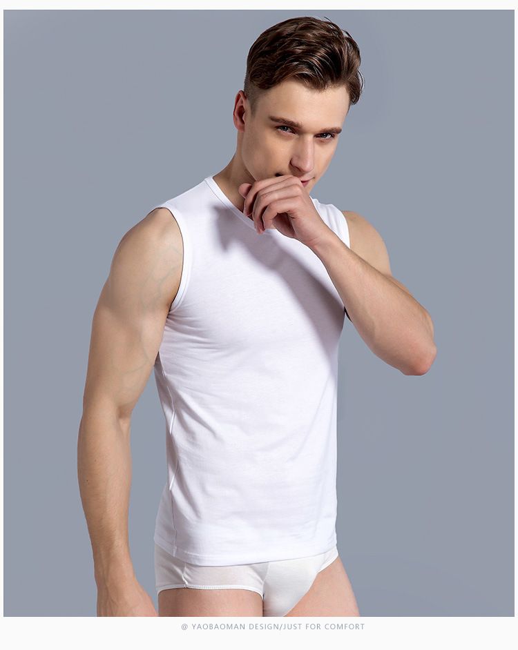 Ropa interior de verano para hombre, camiseta sin mangas deportiva ajustada transpirable con hombros anchos y cuello redondo, color sólido_voghion.com