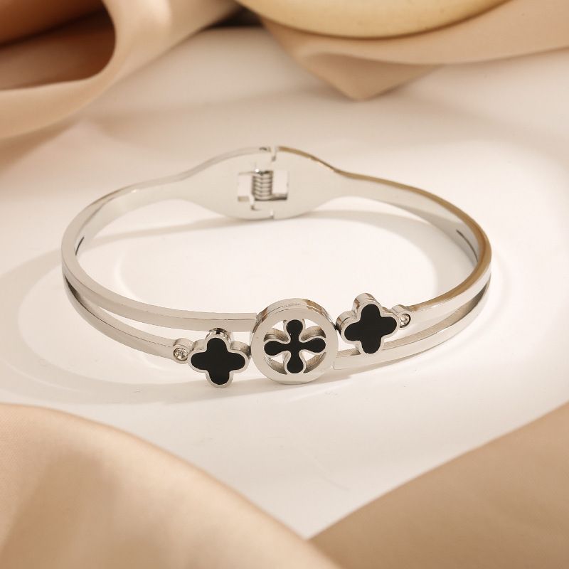 Bracciale con quadrifoglio e diamanti in conchiglia nera - Acciaio al titanio (gioiello alla moda coreano, regalo portafortuna per donna)_voghion.com
