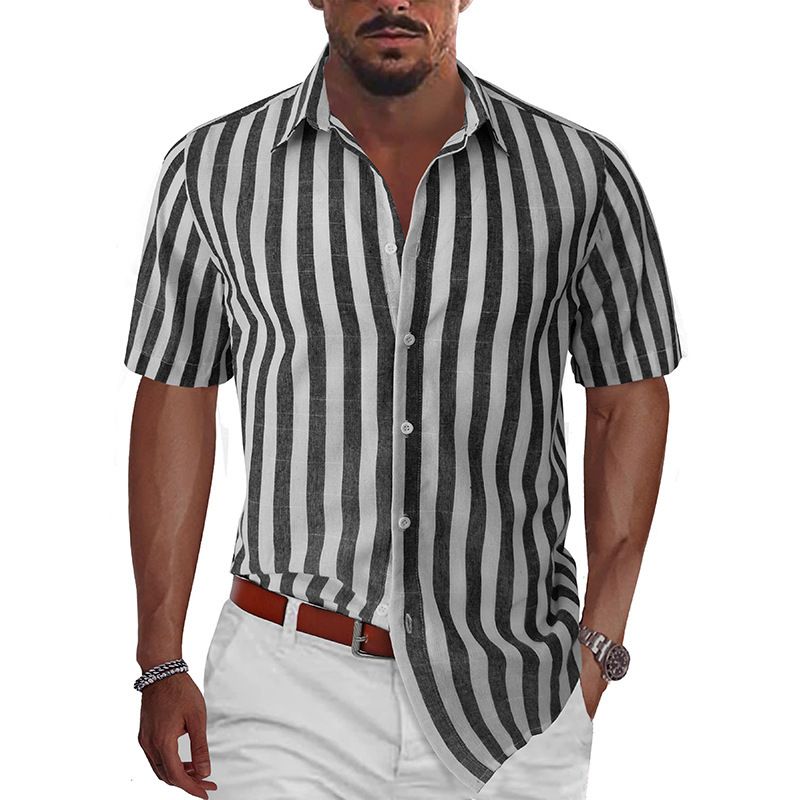 Camicia casual a maniche corte a righe da uomo europea e americana, da spiaggia, per esterni, camicia hawaiana casual a mezze maniche da uomo_voghion.com