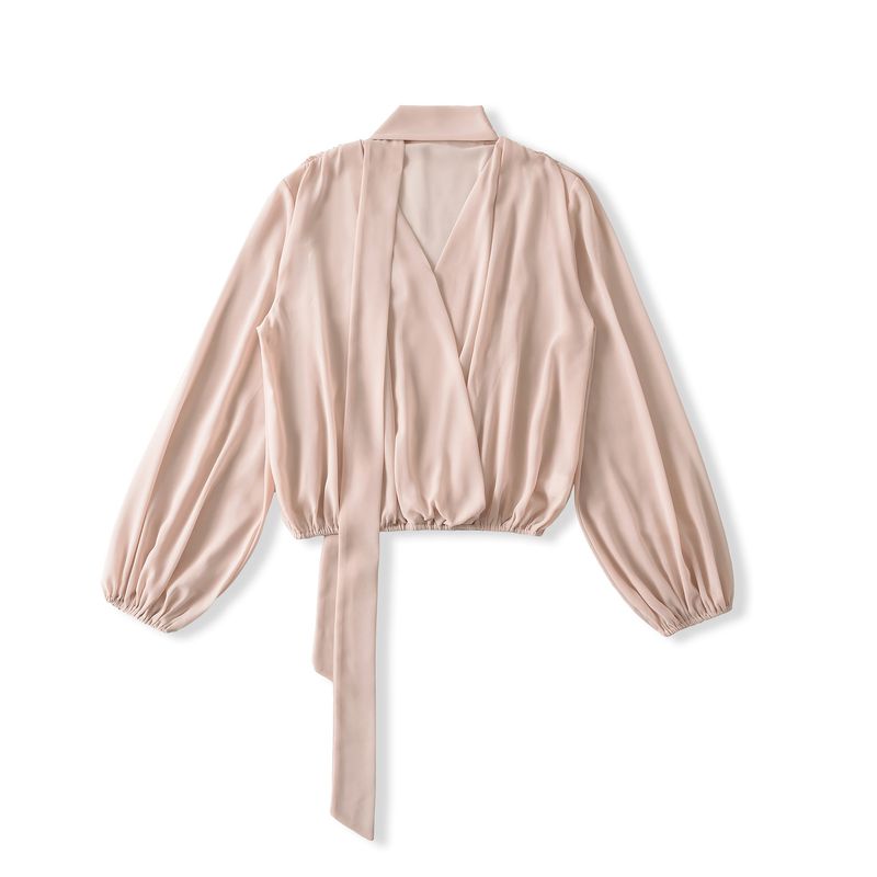 Elegant V-Neck Blouse With Ribbon Tie & Lantern Sleeves – Fog Blue / Charming Purple / Soft Matte Pink (S-L)_voghion.com