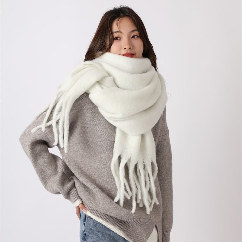 Sciarpa invernale da donna, coppia, bianca, in mohair, morbida e appiccicosa, tinta unita, con nappe, sensazione di alta qualità_voghion.com