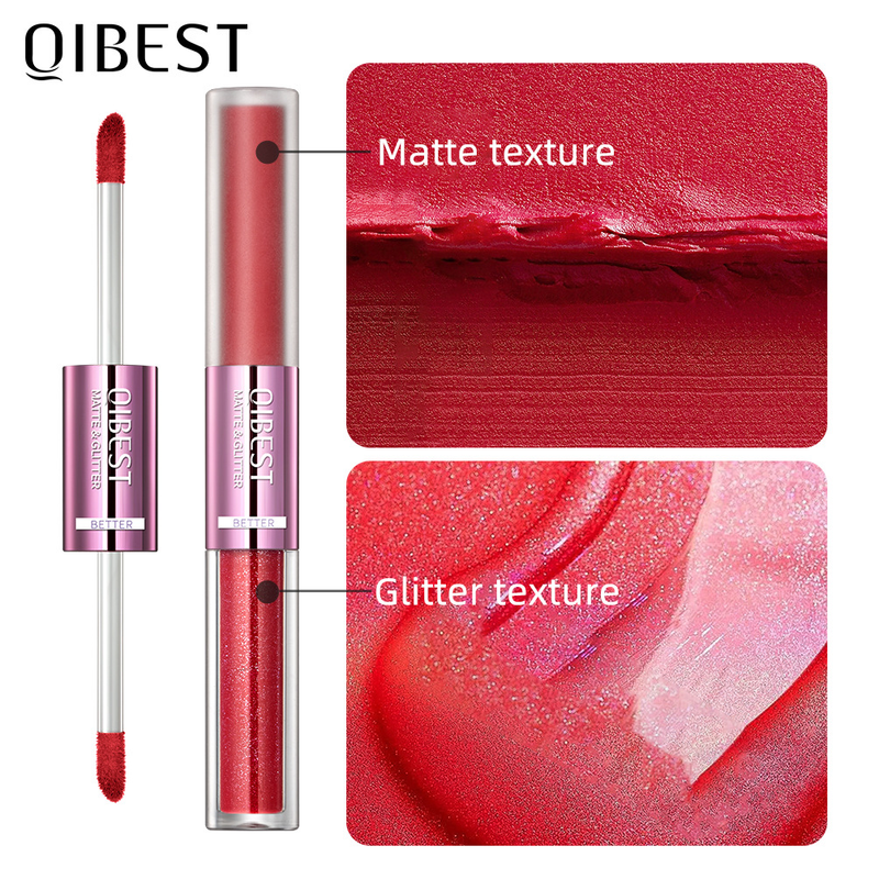 QIBEST Double Headed Staying Cup Non fading Lip Glaze Matte Pearl Liquid Lipstick Set_voghion.com