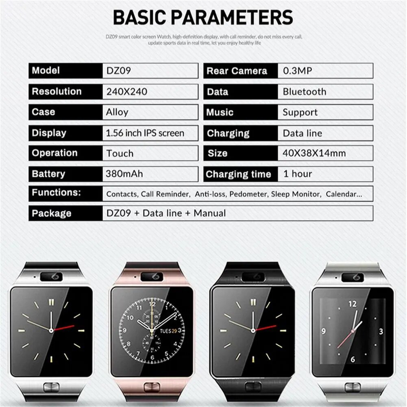 DZ09 Horloge Fiess Tracker Smart Watches 1,56" HD Kleurenscherm Smartwatch Extra lange batterijduur Slaapmonitor_voghion.com