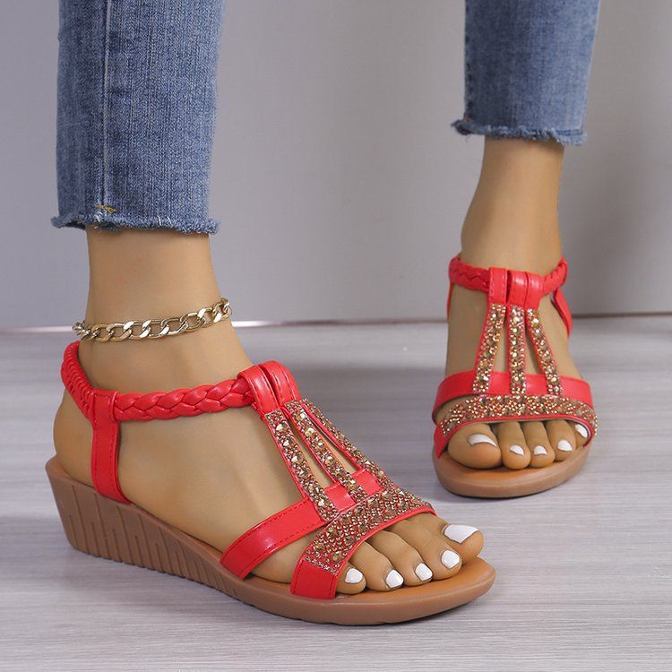 Chaussures pour femmes, mode d'été, bouche de poisson, ensemble pied, talon compensé, mode loisirs, grande taille, sandales bohèmes à strass_voghion.com