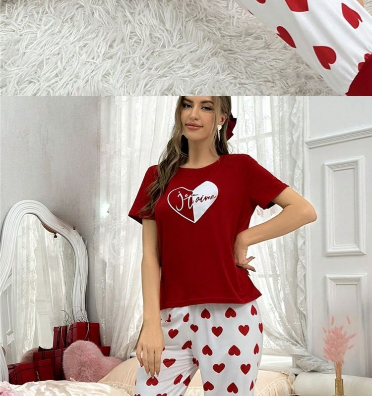 Conjunto de pijama de talla grande para mujer, ropa de estar por casa, estampado en forma de corazón, conjunto de pantalón y camiseta de manga corta, ajustado, informal y cómodo._voghion.com