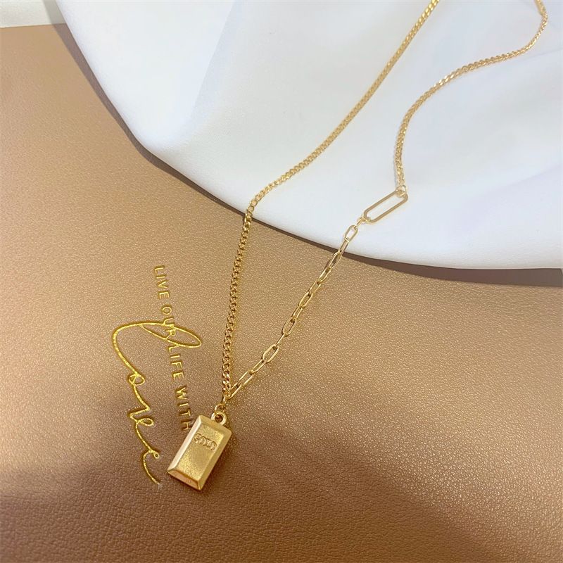 Gold Shop Same Letter Gold Block Shaped Collar Chain Sand GoldSmall Gold Bar Necklace, Women Will Not Fade Color_voghion.com