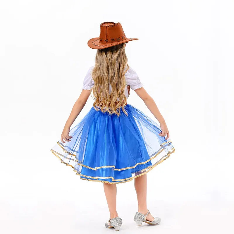Costume da cowgirl occidentale per bambini, vestito, cappello, cintura, sciarpa, set completo, vestito da cowgirl, costume da gioco, abito da festa di carnevale di Halloween_voghion.com