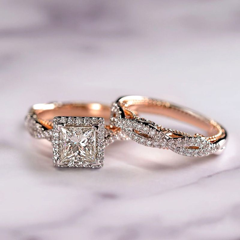 Eryun Rose Gold Three-Piece Set With Zirconia Full Diamond Women's Men's Ring Color Separation Sparkling European And_voghion.com