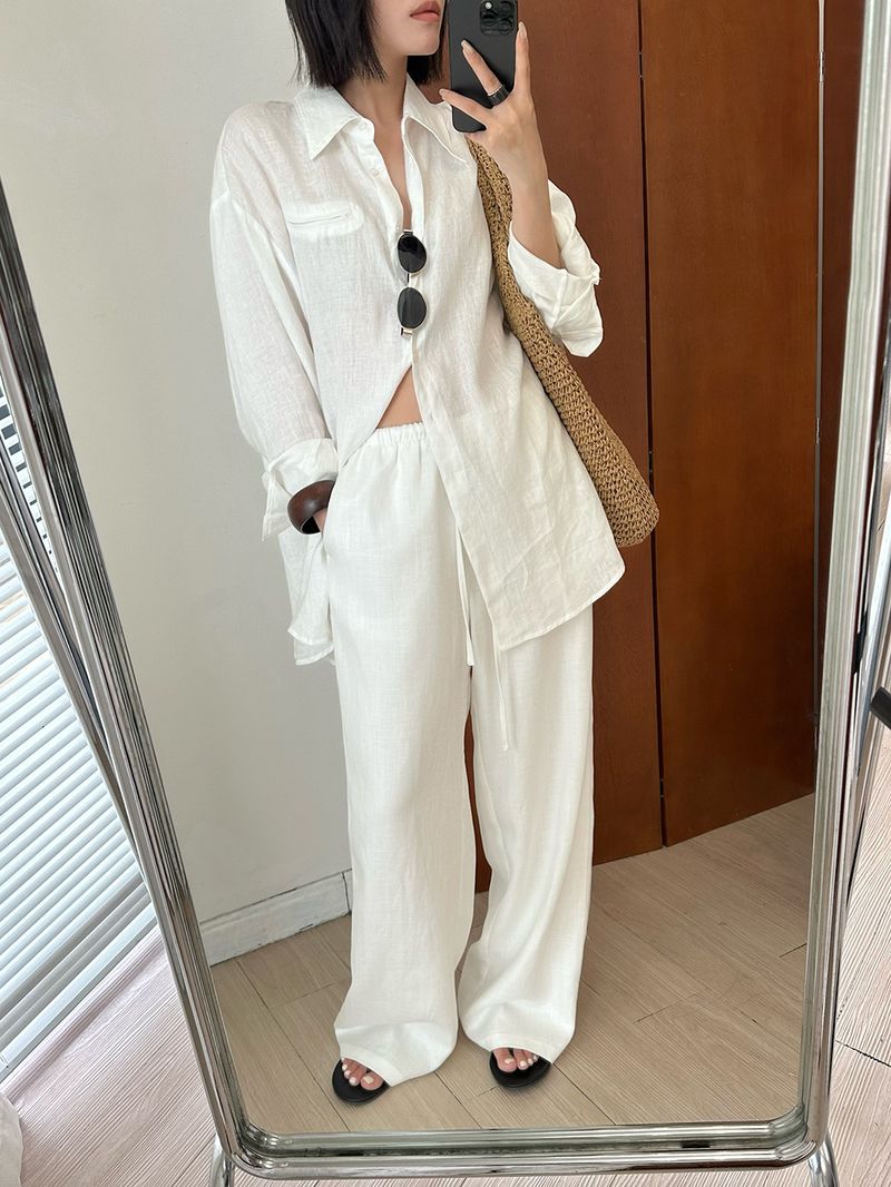 Atmungsaktive Hose aus Leinen-Baumwolle mit weitem Bein für Damen – Relaxed Fit Hose mit hoher Taille und geradem Bein und Kordelzug, lässige Loungewear für den Sommer in Weiß_voghion.com