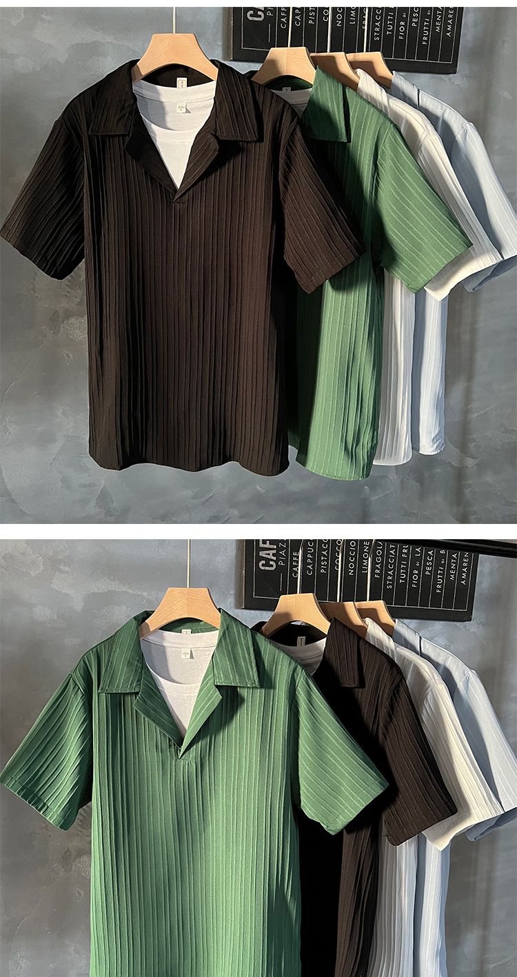 Herrkläder Mogen stil issilke kortärmad pikétröja Herr sommar Trendig Casual T-shirt med mitten av ärm Trendiga halvärmade toppar för män_voghion.com