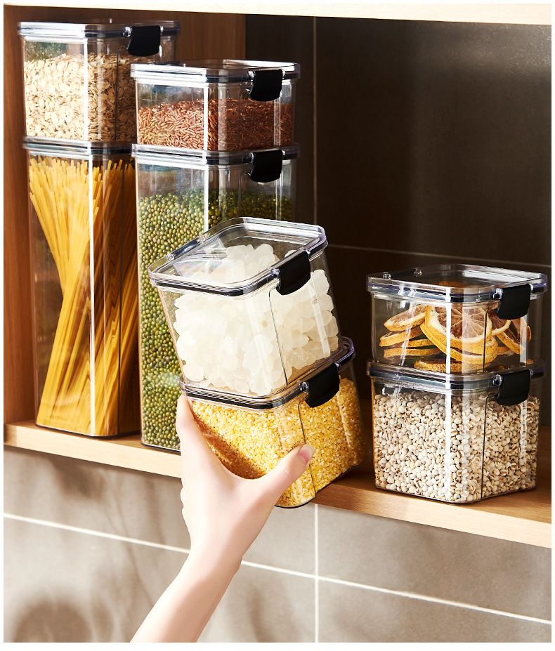 Versiegeltes Kunststoffglas, Tee-Vorratsglas, Verpackungsbox, Trockenwaren, quadratisch, transparent, Schnallen-Vorratsglas_voghion.com