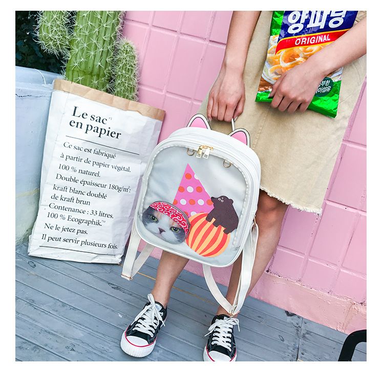 Zaini in pelle con orecchie di gatto adorabili Borsa trasparente color caramello Borse a tracolla da donna Zaino da viaggio per ragazze adolescenti_voghion.com