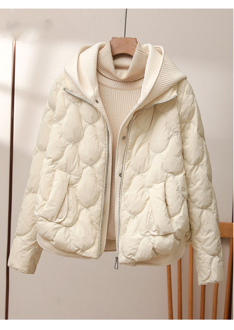 Women's Short Puffer Jacket With Knit Panel Design, Premium White Duck Down Hooded Coat For Winter (Beige, Khaki, Black)_voghion.com